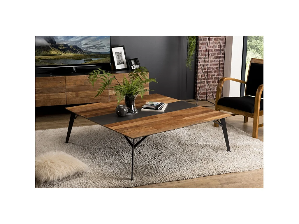 MAXENCE - Table basse carrée 120x120cm bois Teck recyclé métal et pieds métal noir