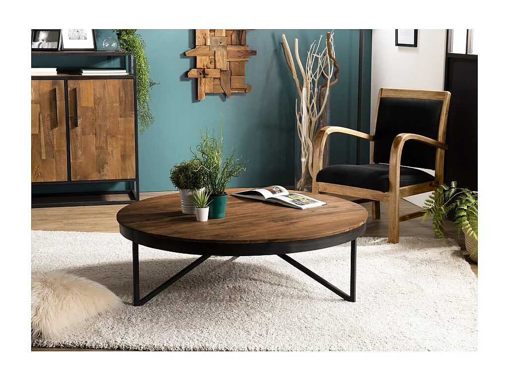 SIXTINE - Table basse ronde diam110 plateau bois teck recyclé marron