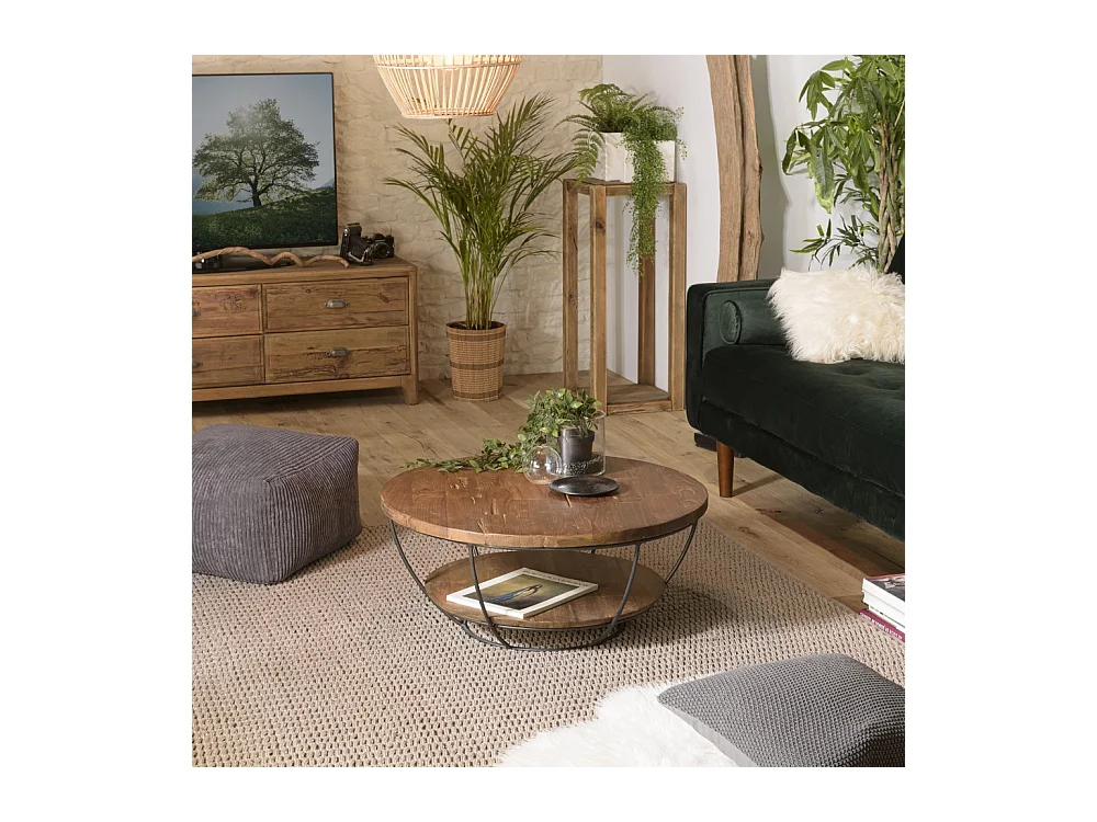 SIXTINE - Table basse ronde 80x80cm plateau bois teck recyclé noir