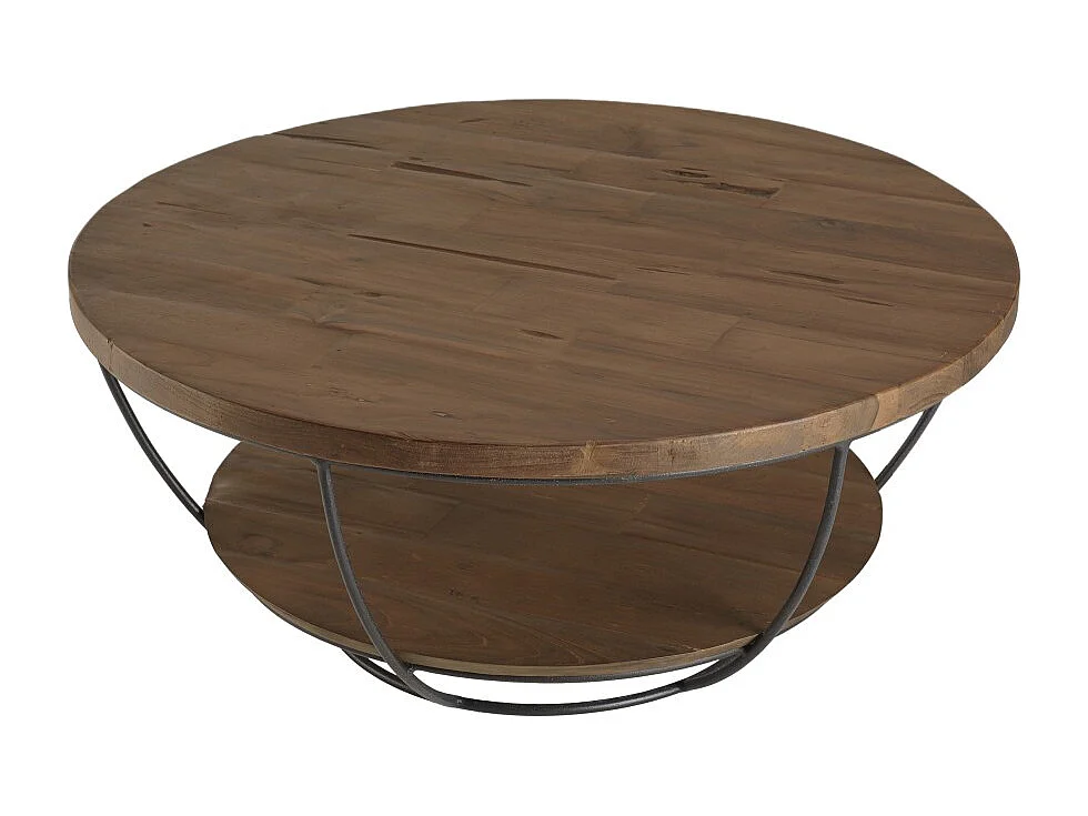 SIXTINE - Table basse ronde 80x80cm double plateau bois teck recyclé noir