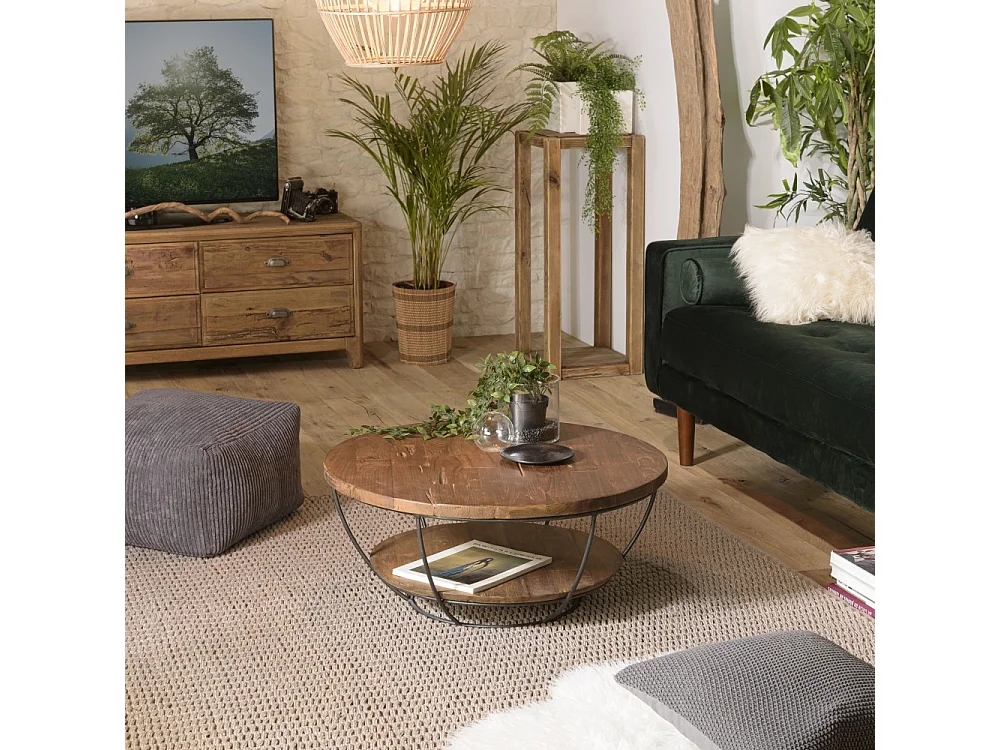 SIXTINE - Table basse ronde 80x80cm double plateau bois teck recyclé noir