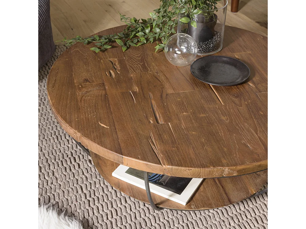 SIXTINE - Table basse ronde 80x80cm double plateau bois teck recyclé noir