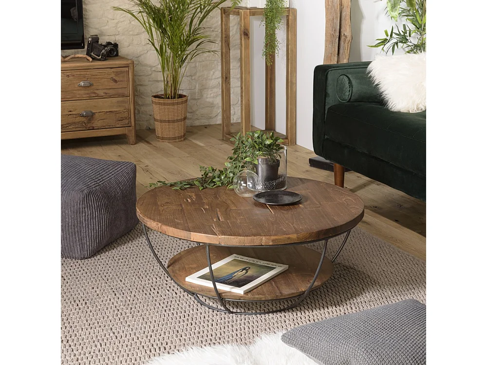 SIXTINE - Table basse ronde 80x80cm double plateau bois teck recyclé noir