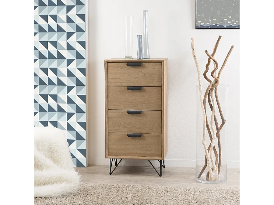 EDITH - Chiffonnier bois naturel 4 tiroirs pieds épingles métal noir