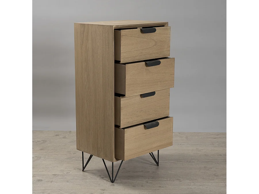 EDITH - Chiffonnier bois naturel 4 tiroirs pieds épingles métal noir