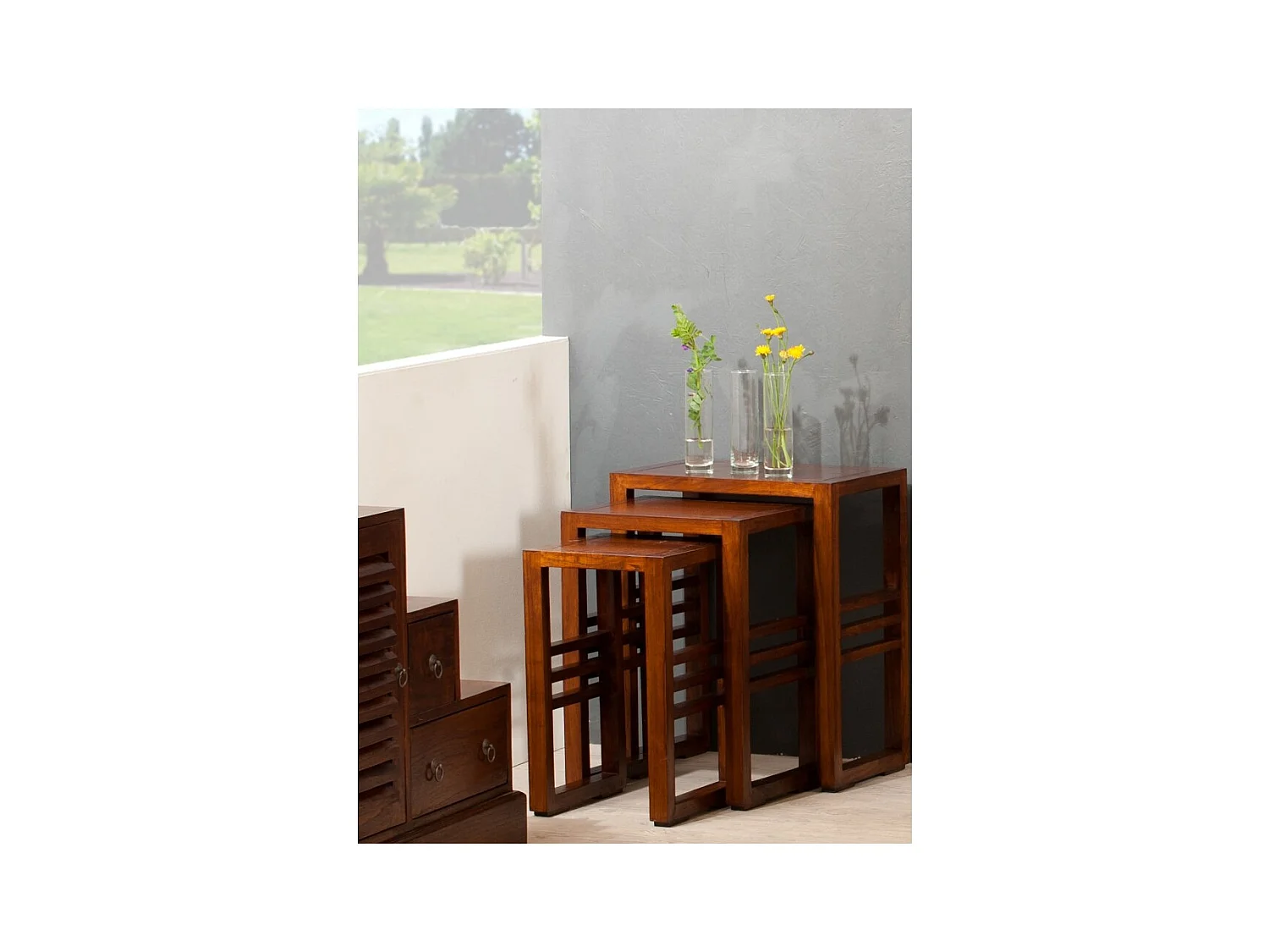 LAUREN - Set de 3 tables gigognes rectangulaires marrons bois Mindi