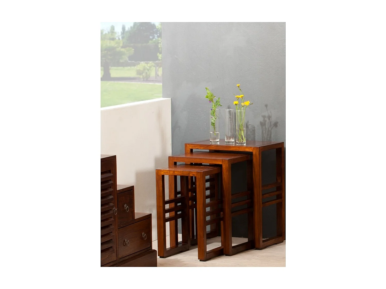 LAUREN - Set de 3 tables gigognes rectangulaires marrons bois Mindi