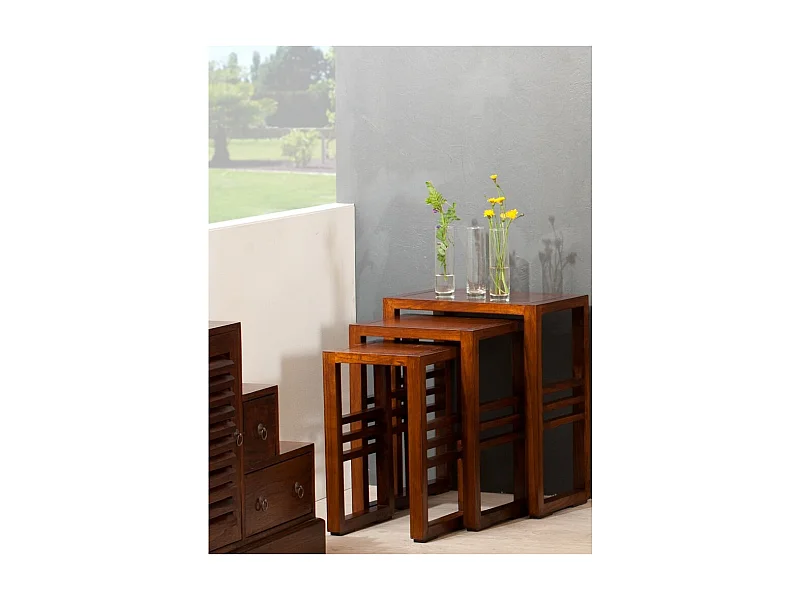 LAUREN - Set de 3 tables gigognes rectangulaires marrons bois Mindi