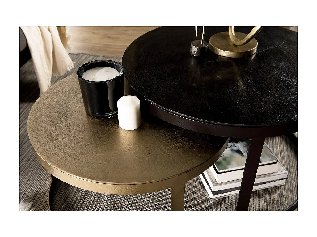 JOHAN - Set de 2 tables gigognes ceinturées rondes aluminium noir doré