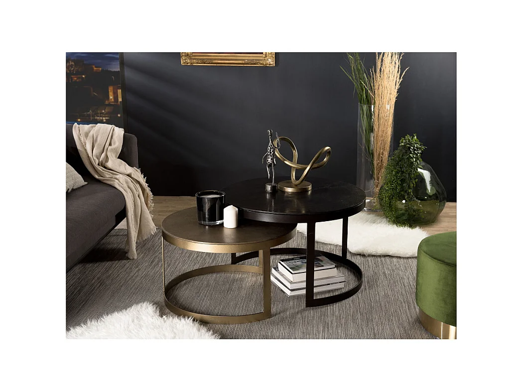 JOHAN - Set de 2 tables gigognes ceinturées rondes aluminium noir doré