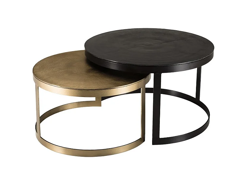 JOHAN - Set de 2 tables gigognes ceinturées rondes aluminium noir doré