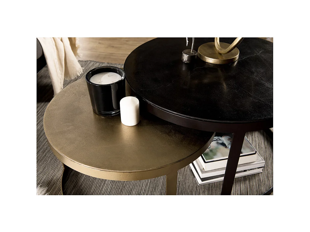 JOHAN - Set de 2 tables gigognes ceinturées rondes aluminium noir doré