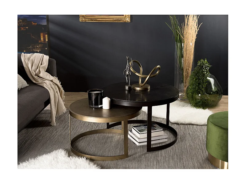 JOHAN - Set de 2 tables gigognes ceinturées rondes aluminium noir doré