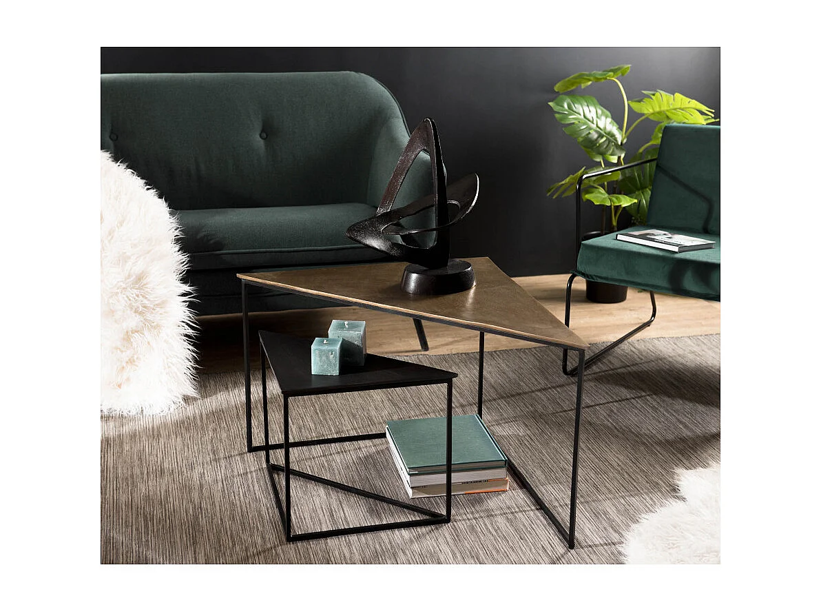 JOHAN - Set de 2 tables gigognes triangles aluminium doré et noir - pieds métal noirs