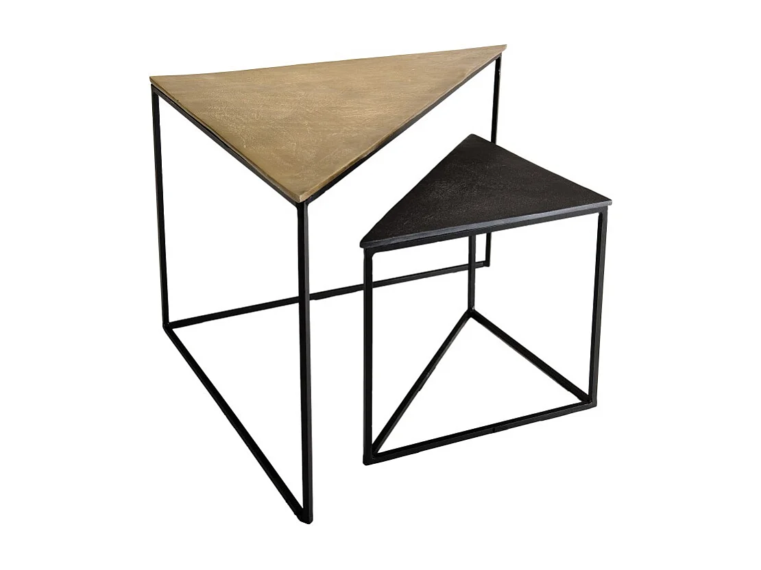 JOHAN - Set de 2 tables gigognes triangles aluminium doré et noir - pieds métal noirs