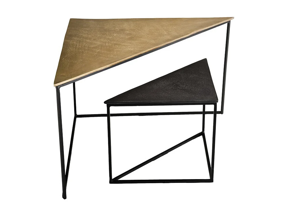 JOHAN - Set de 2 tables gigognes triangles aluminium doré et noir - pieds métal noirs