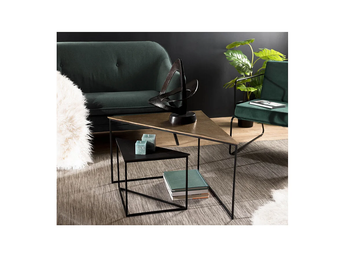 JOHAN - Set de 2 tables gigognes triangles aluminium doré et noir - pieds métal noirs