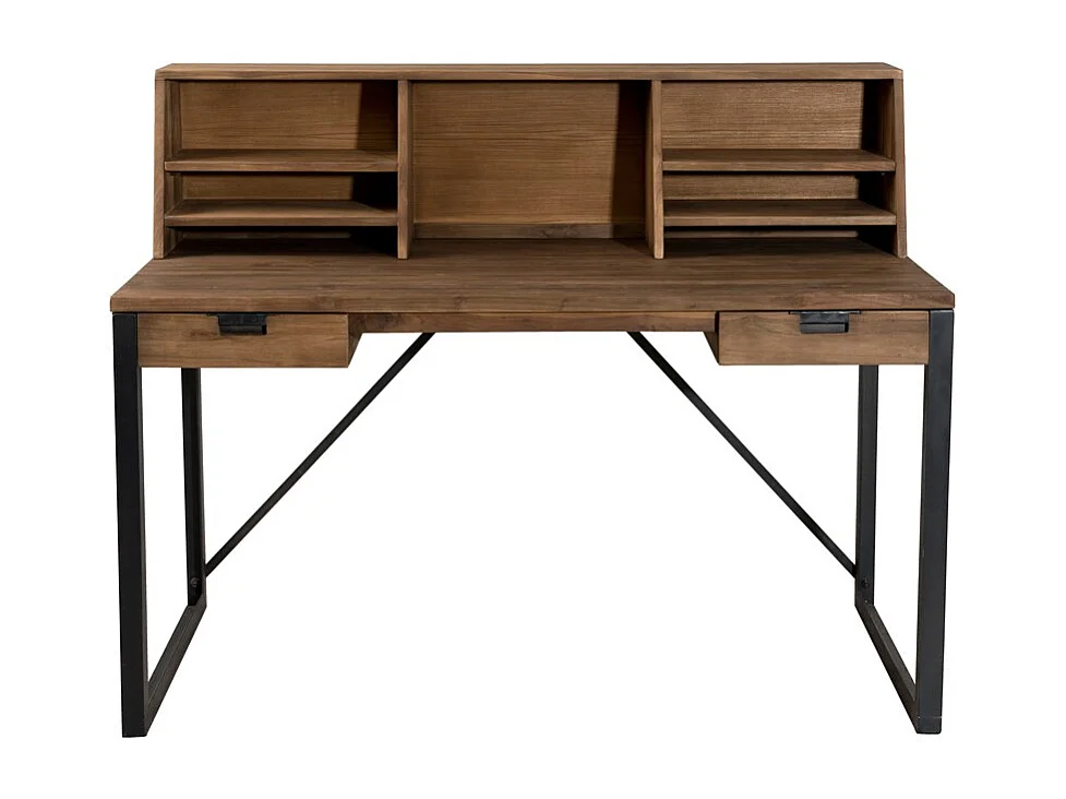 SIXTINE - Bureau 2 tiroirs avec étagères teck recyclé métal noir