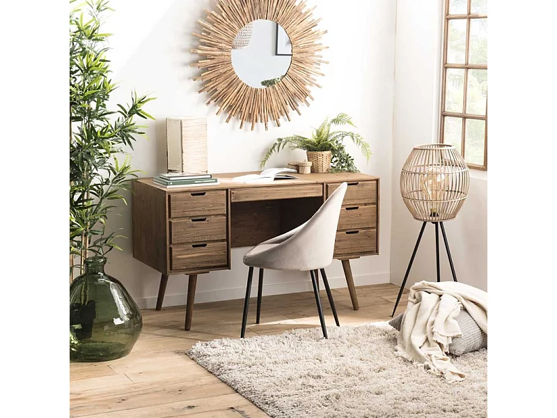 ANDY - Bureau scandi bois marron 6 tiroirs