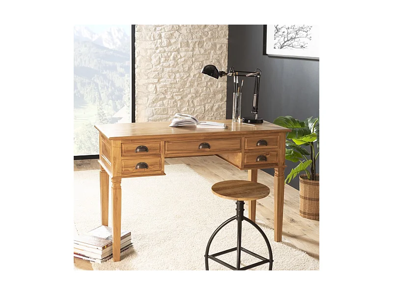 API - Bureau 5 tiroirs marron bois Teck