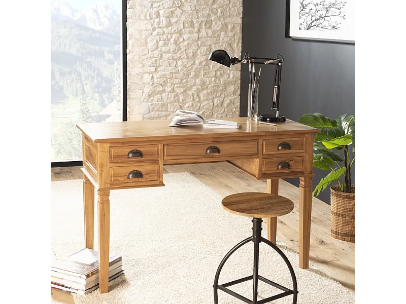 API - Bureau 5 tiroirs marron bois Teck