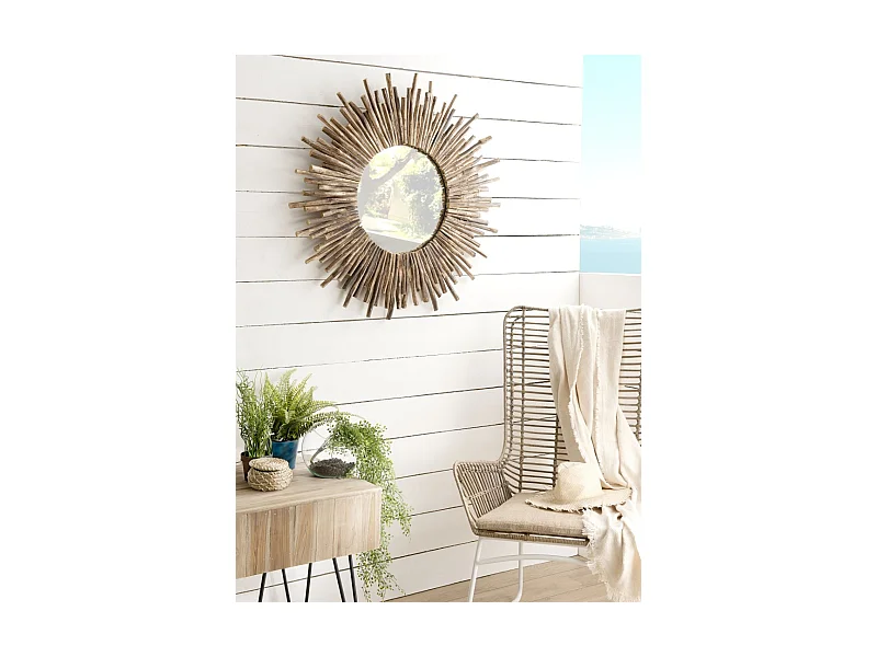 CLARA - Miroir rond marron 90x90cm soleil branches bois teck