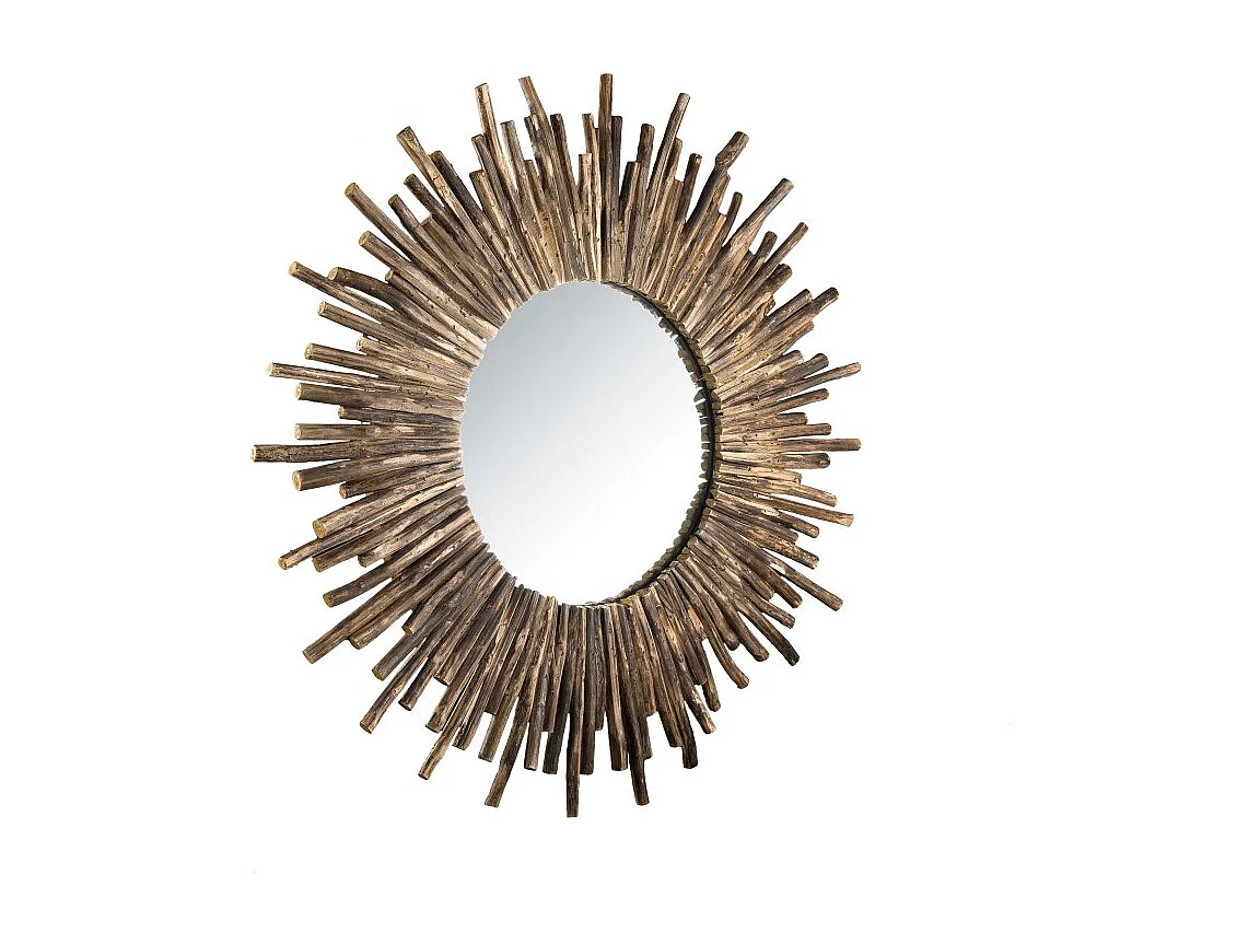 CLARA - Miroir rond marron 90x90cm soleil branches bois teck