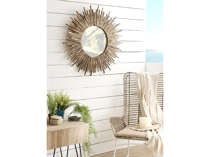 CLARA - Miroir rond marron 90x90cm soleil branches bois teck