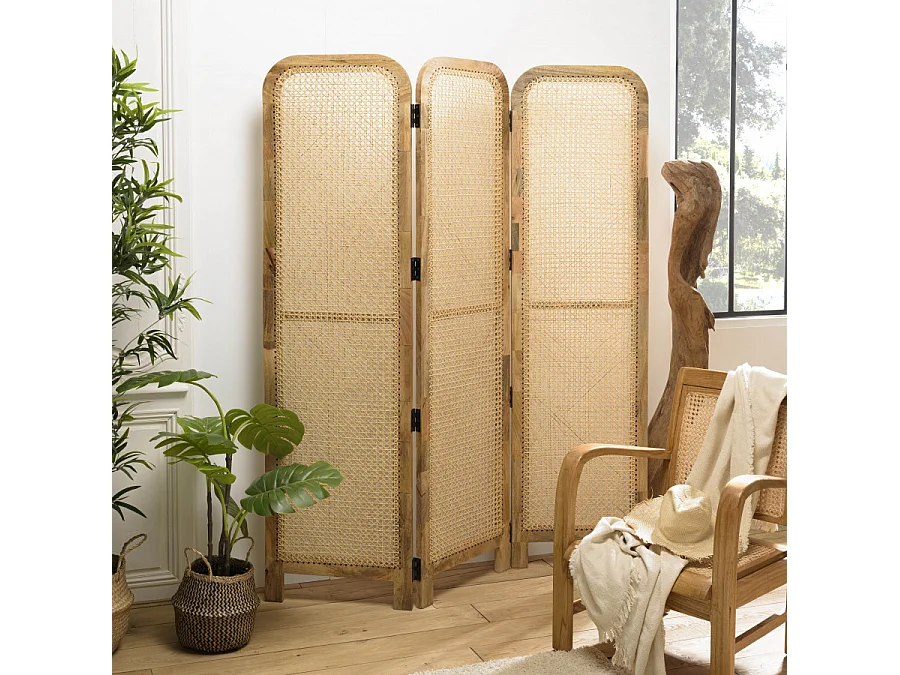 ISA - Paravent marron bois de manguier et cannage couleur naturelle