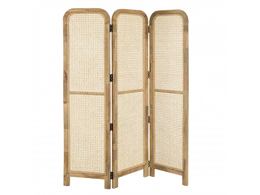 ISA - Paravent marron bois de manguier et cannage couleur naturelle
