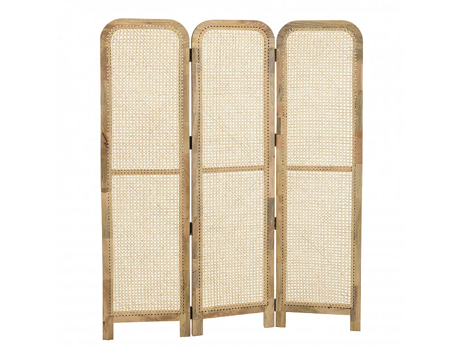ISA - Paravent marron bois de manguier et cannage couleur naturelle