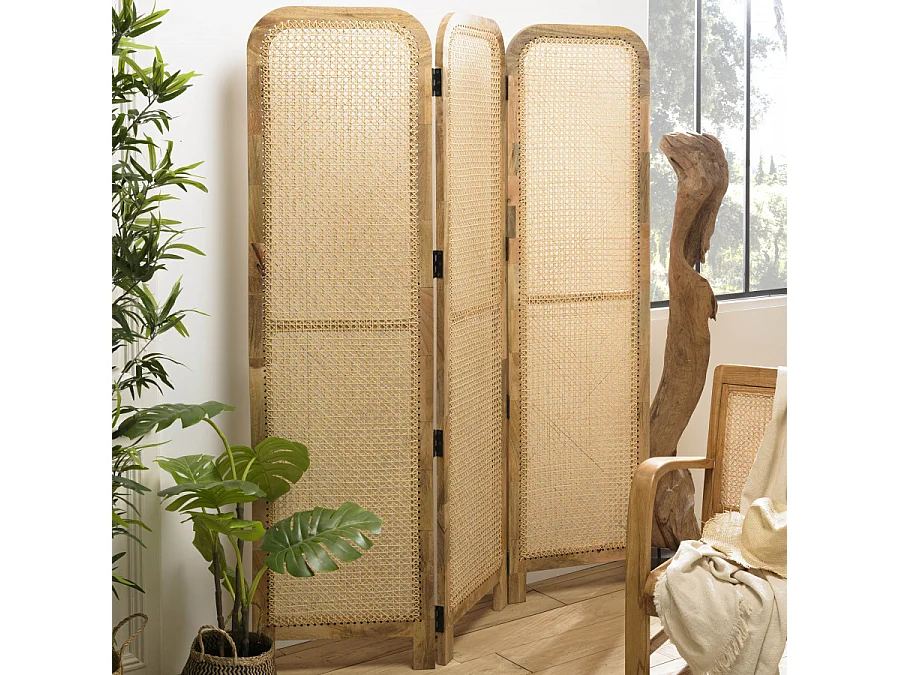 ISA - Paravent marron bois de manguier et cannage couleur naturelle