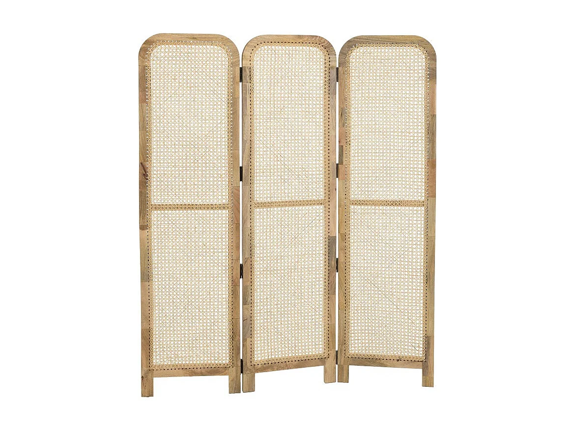 ISA - Paravent marron bois de manguier et cannage couleur naturelle