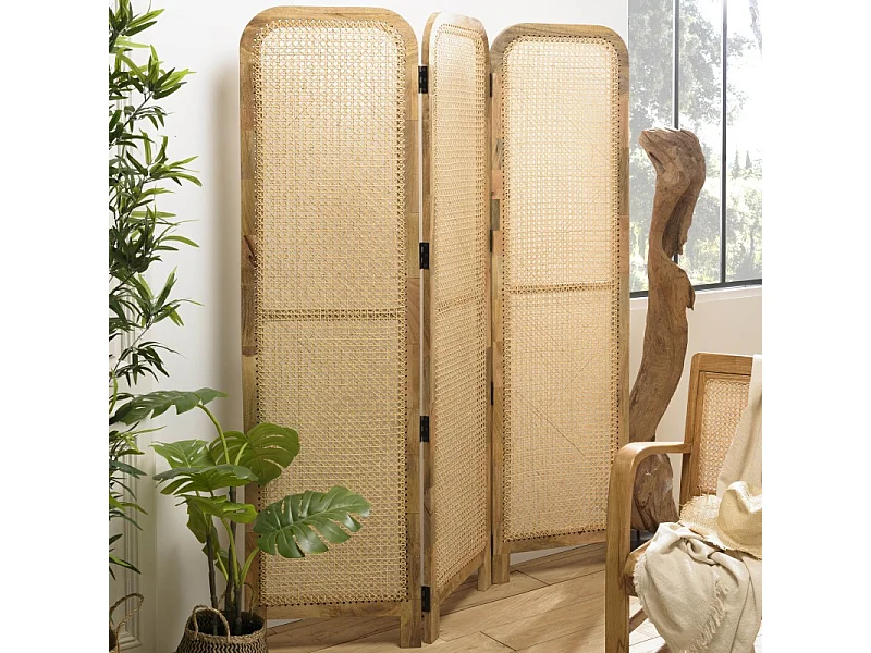 ISA - Paravent marron bois de manguier et cannage couleur naturelle