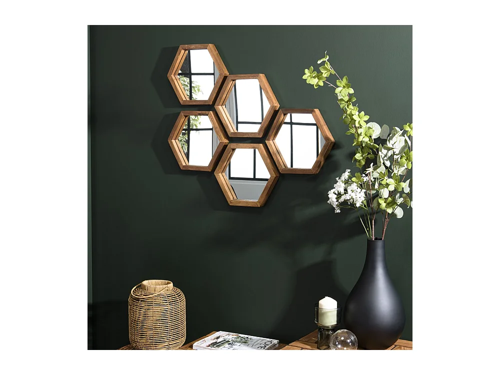 SIXTINE - Miroir 'S' marron structure bois teck recyclé forme hexagone