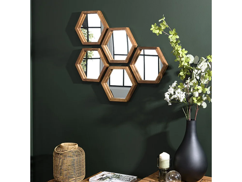 SIXTINE - Miroir 'S' marron structure bois teck recyclé forme hexagone