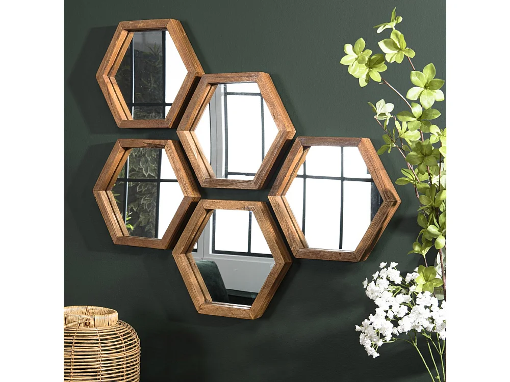 SIXTINE - Miroir 'S' marron structure bois teck recyclé forme hexagone