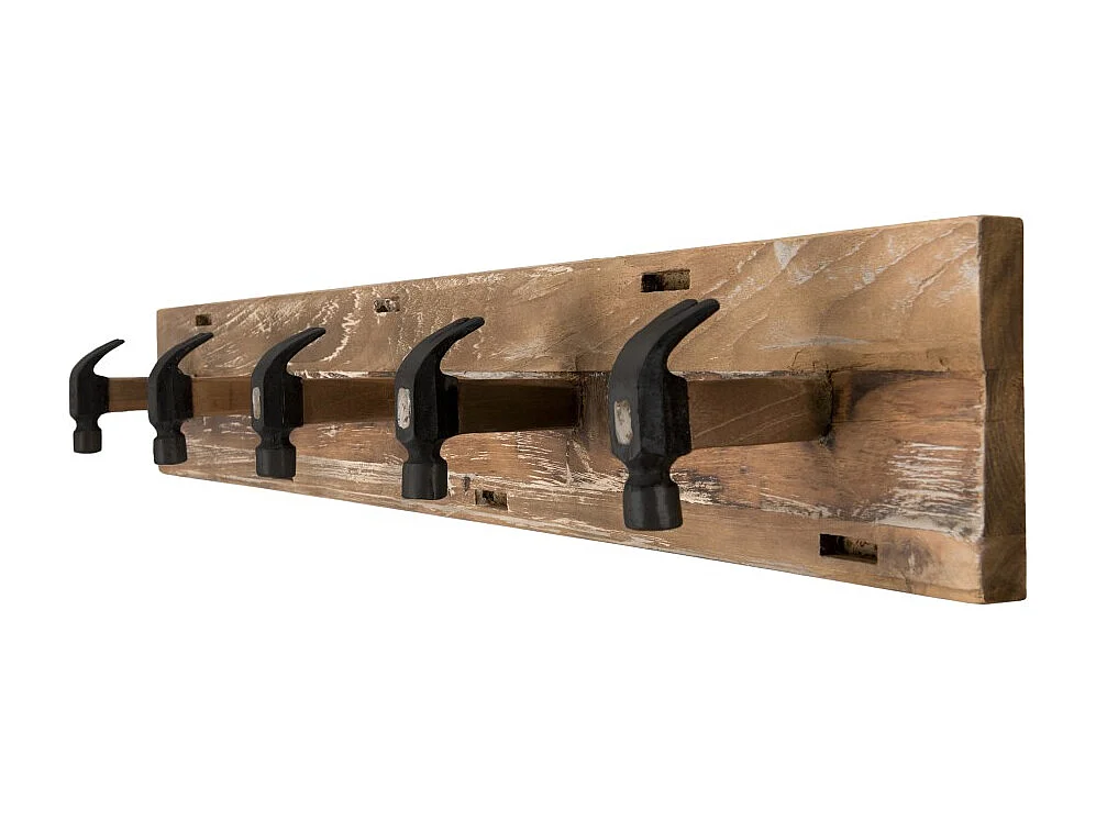 SIXTINE - Portemanteau mural 5 crochets en bois de teck recyclé marron