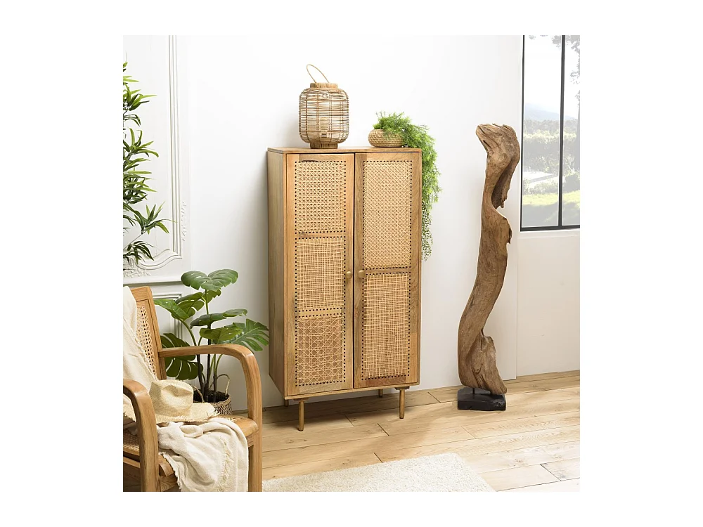 ISA - Meuble haut marron 2 portes bois de manguier cannage couleur naturelle