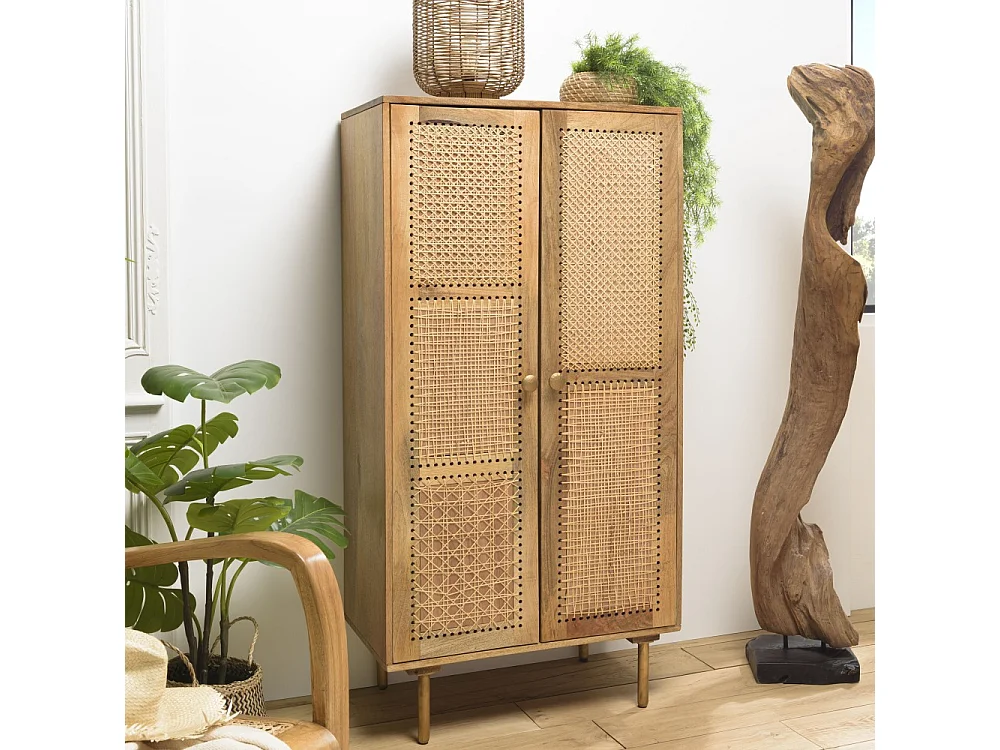 ISA - Meuble haut marron 2 portes bois de manguier cannage beige