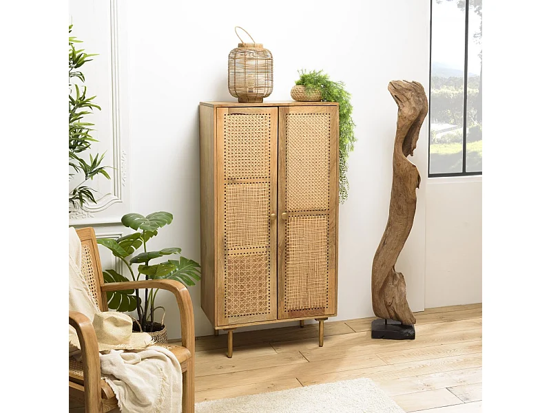ISA - Meuble haut marron 2 portes bois de manguier cannage beige