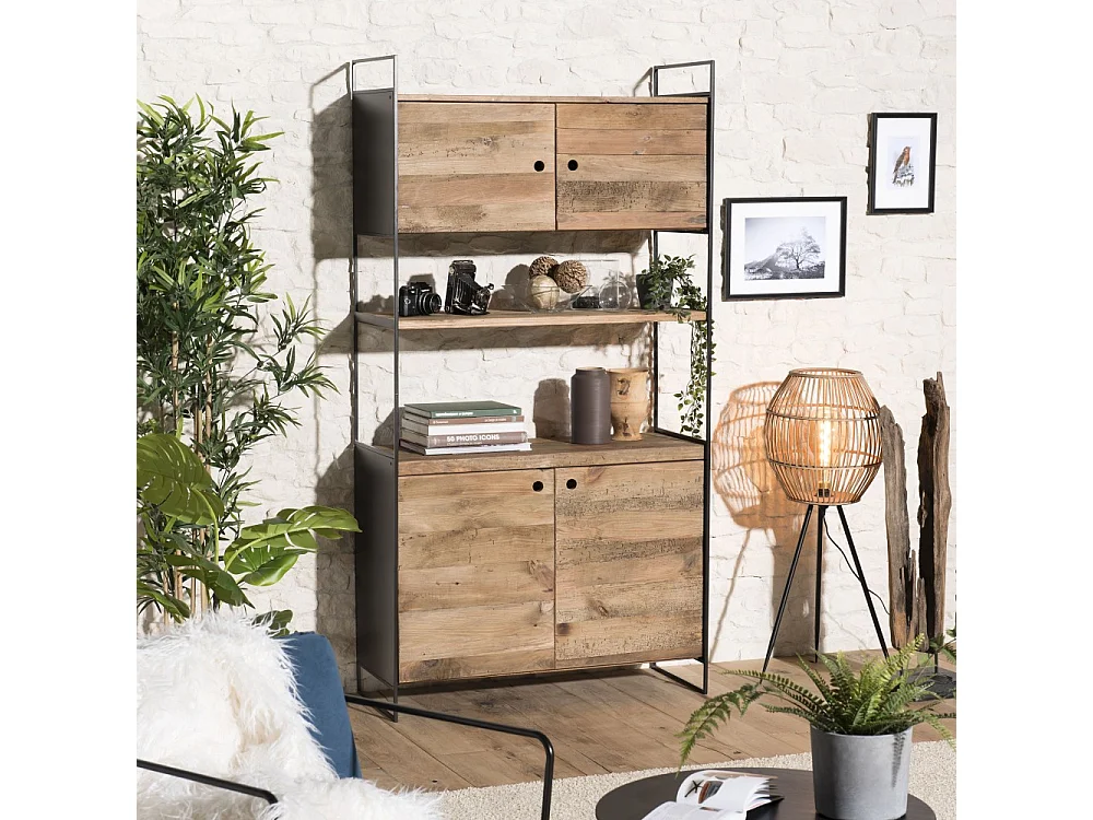 DANDY - Bibliothèque 4 portes 1 étagère bois Pin recyclé naturel et métal noir