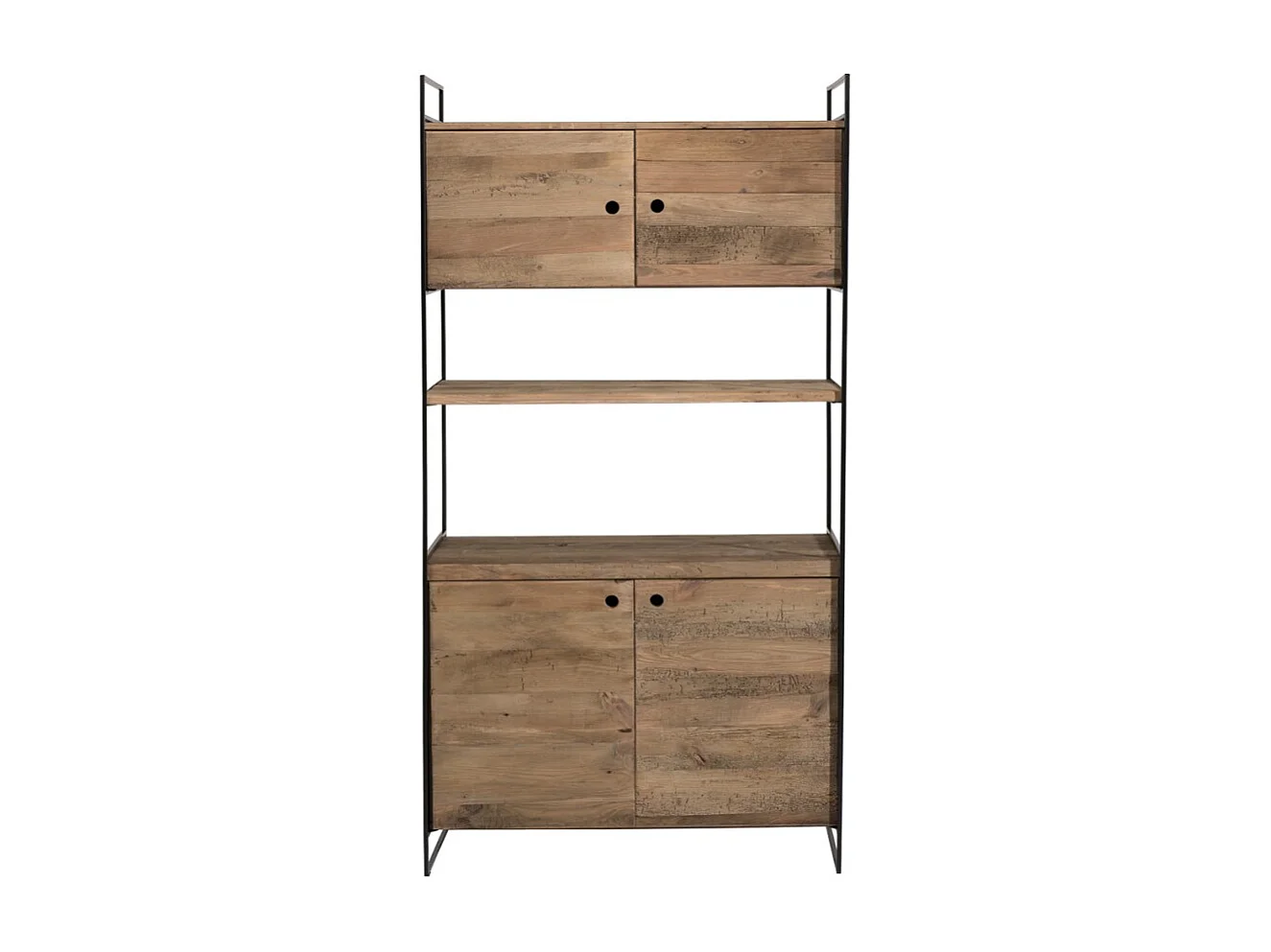 DANDY - Bibliothèque 4 portes 1 étagère bois Pin recyclé naturel et métal noir