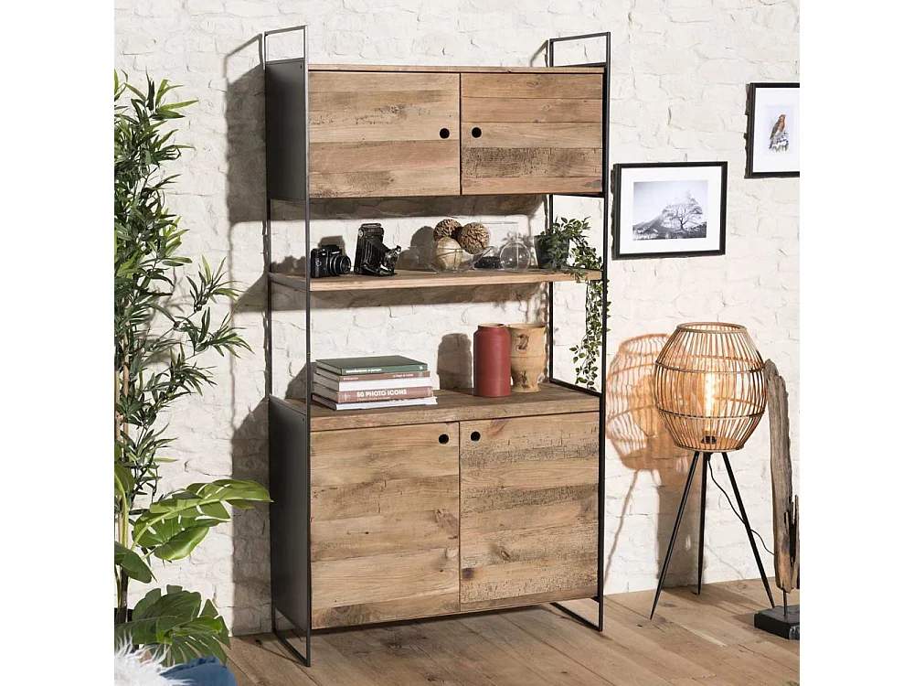 DANDY - Bibliothèque 4 portes 1 étagère bois Pin recyclé naturel et métal noir