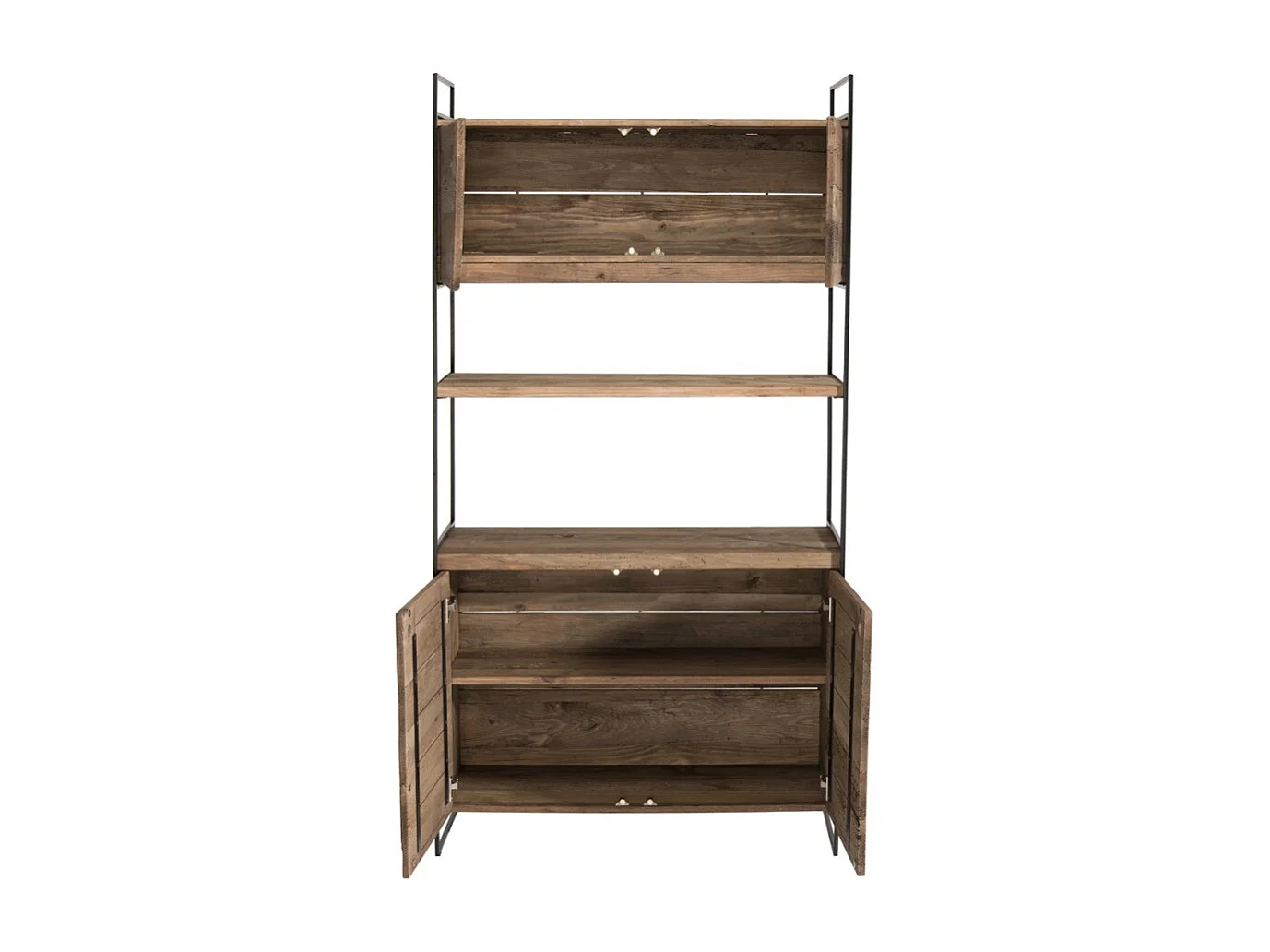 DANDY - Bibliothèque 4 portes 1 étagère bois Pin recyclé naturel et métal noir