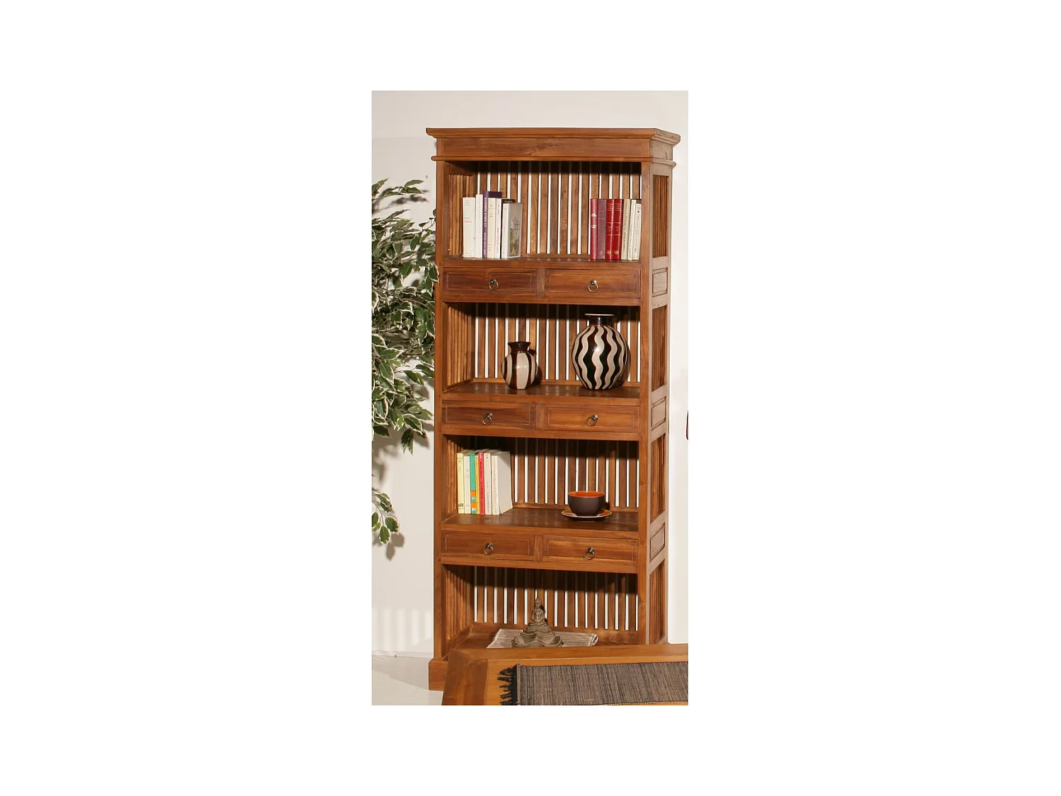 API - Étagère bibliothèque marron 6 tiroirs bois Teck