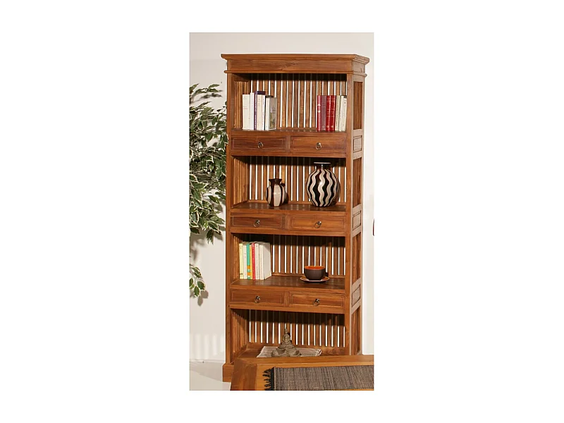 API - Étagère bibliothèque marron 6 tiroirs bois Teck