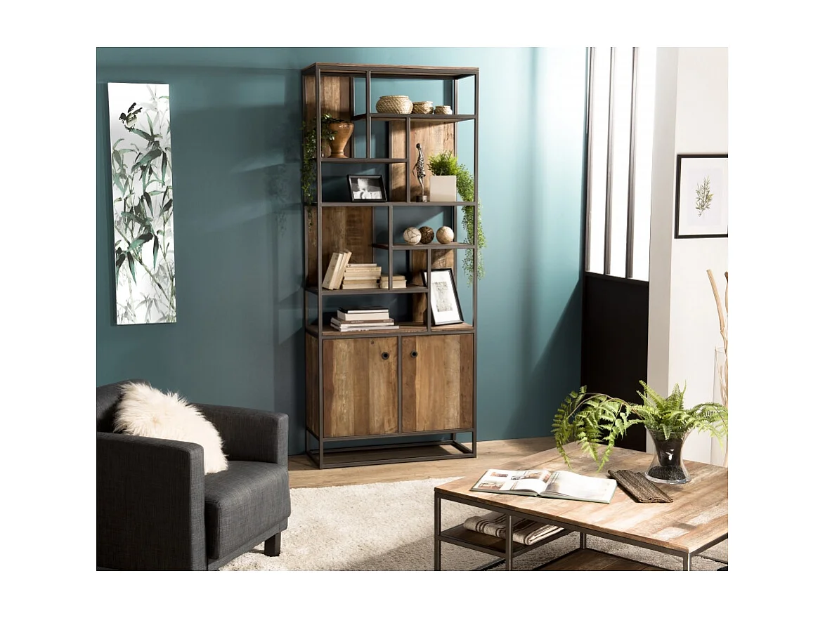 SIXTINE - Bibliothèque haute 2 portes 10 niches en bois Teck recyclé