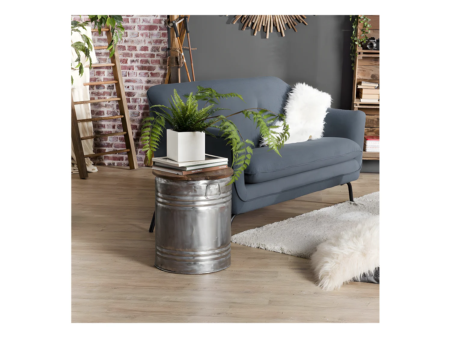 NOLAN - Table d'appoint ronde 40x40cm bidon acier et bois recyclé - esprit Brocante