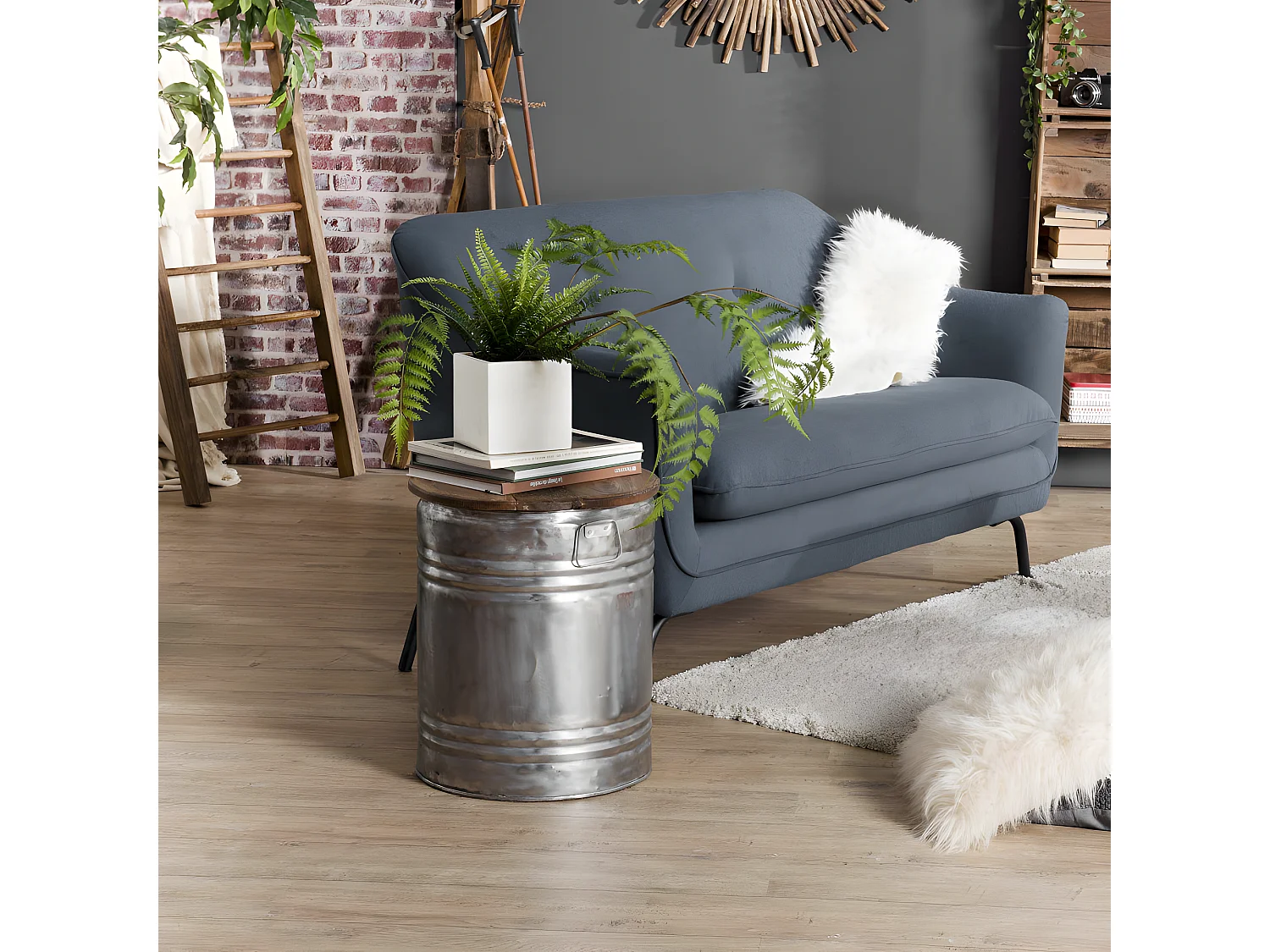 NOLAN - Table d'appoint ronde 40x40cm bidon acier et bois recyclé - esprit Brocante